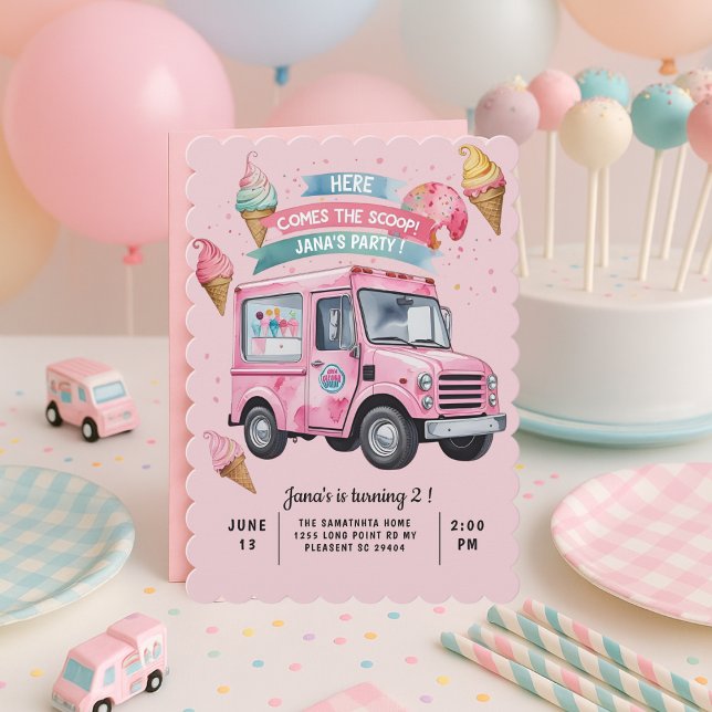 Invitación Here Comes the Scoop! Pink Ice Cream Truck  (Subido por el creador)