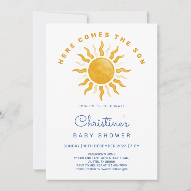Invitación Here comes the son baby boy shower (Anverso)