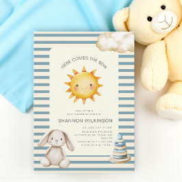 Invitación Here comes the son blue cream stripes baby shower