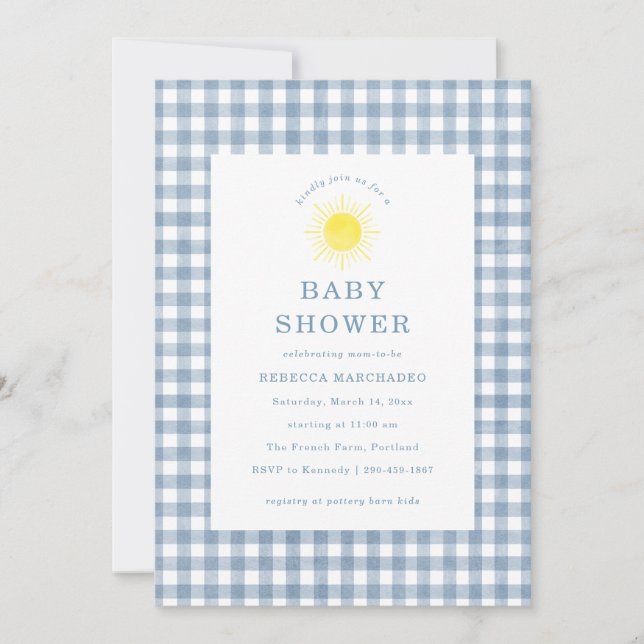 Invitación Here Comes The Son Blue Gingham Baby Shower (Anverso)