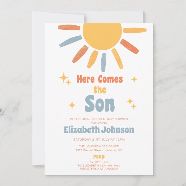 Invitación Here Comes The Son Boy Baby Shower (Anverso)