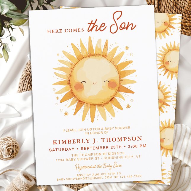 Invitación Here Comes The Son Cute Sunshine Boy Baby Shower (Subido por el creador)