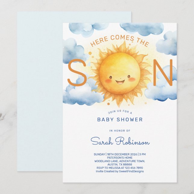 Invitación Here Comes the Son Elegant Baby Shower (Anverso / Reverso)