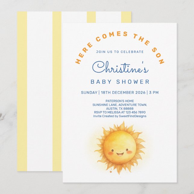 Invitación Here comes the son Modern Baby Boy Shower (Anverso / Reverso)