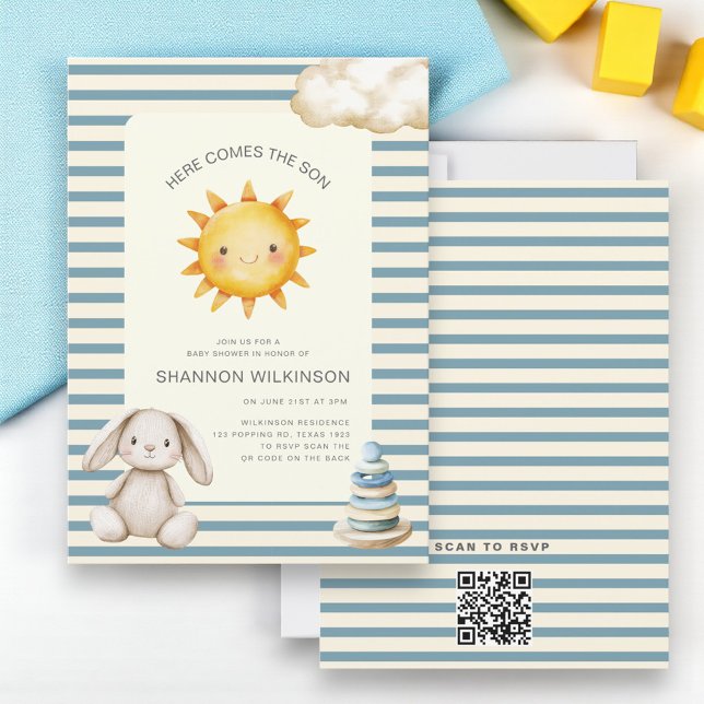 Invitación Here comes the son QR code stripes baby shower (Subido por el creador)