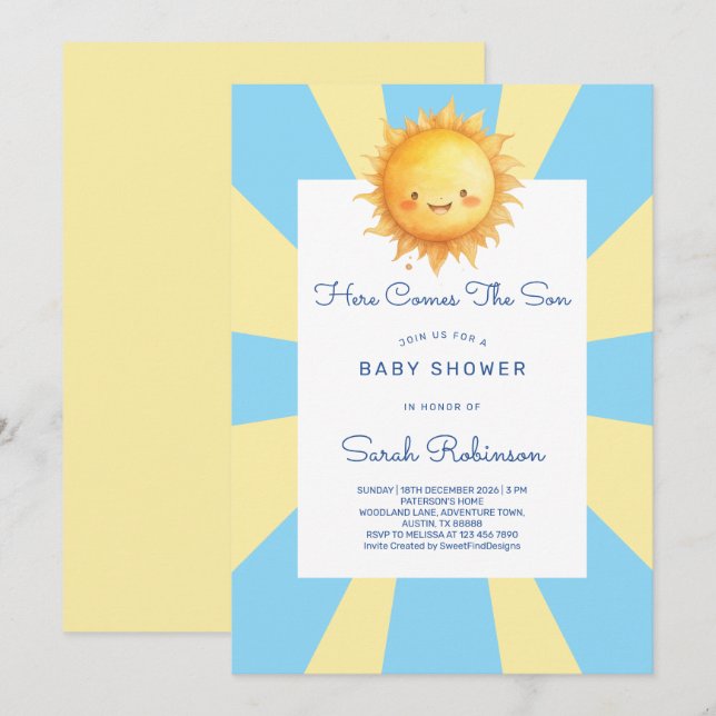 Invitación Here Comes The Son Retro Baby Shower (Anverso / Reverso)