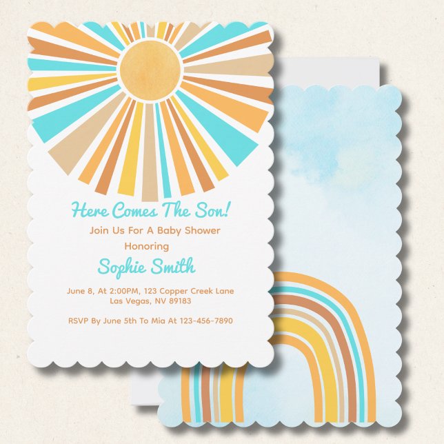 Invitación Here Comes The Son, Retro Sunshine Boho Rainbow (Subido por el creador)
