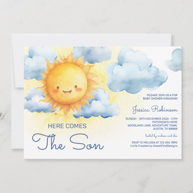 Invitación Here Comes The Son Summer Baby Shower (Anverso)