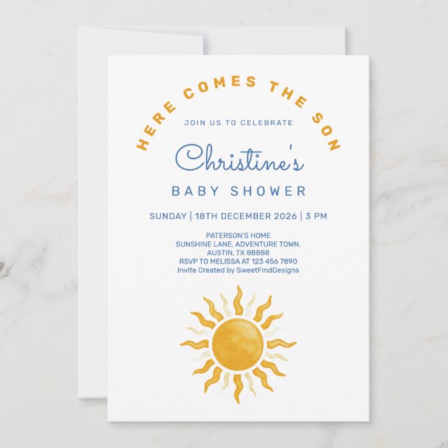 Invitación Here comes the son Sunshine Baby Boy Shower (Anverso)