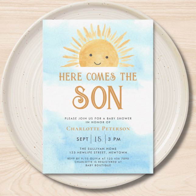 Invitación Here Comes the Son Sunshine Sky Baby Shower  (Subido por el creador)