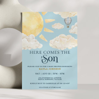 Invitación Here Comes the Son Watercolor Sun Cloud Whimsical 