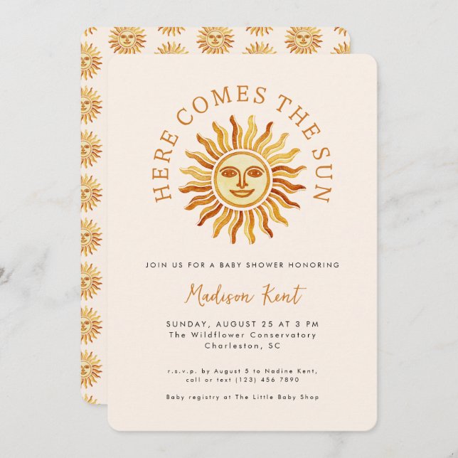 Invitación Here Comes the Sun Modern Boho Sun Baby Shower (Anverso / Reverso)
