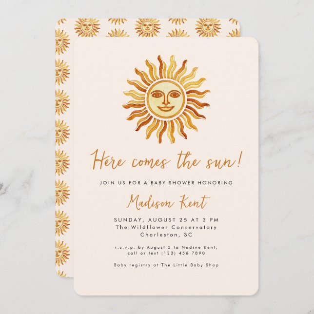 Invitación Here Comes the Sun Modern Boho Sun Baby Shower (Anverso / Reverso)