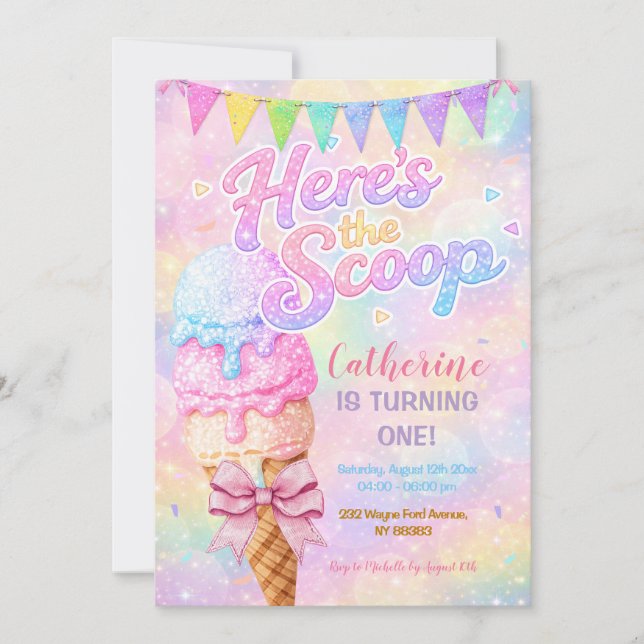 Invitación Here’s the Scoop Pastel Rainbow Glitter Birthday (Anverso)