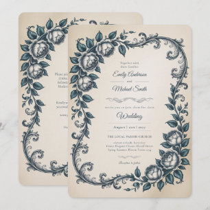 Invitación Herencia   Boda Botánica Azul Polvoriento Victoria