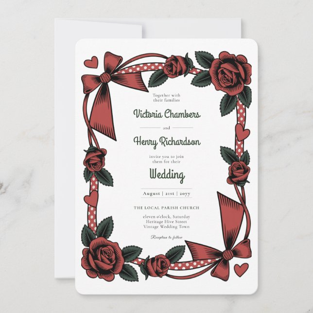 Invitación Herencia | Boda de Rosa Roja Retro Rockabilly de l (Anverso)
