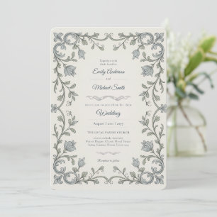 Invitación Herencia   Edwardian Blue Flora Scroll Boda