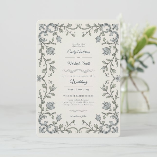 Invitación Herencia | Edwardian Blue Flora Scroll Boda (Anverso de pie)