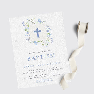 Invitación Herencia floral azul de bebé y bautismo cruzado