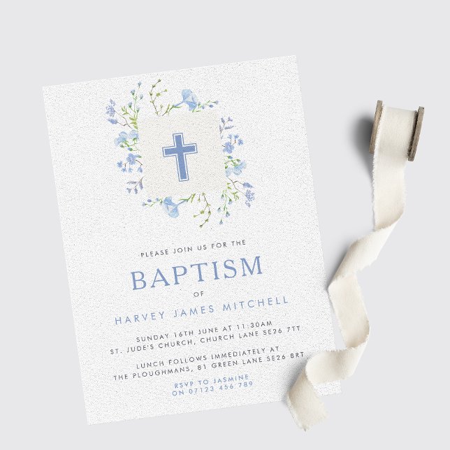 Invitación Herencia floral azul de bebé y bautismo cruzado (Subido por el creador)