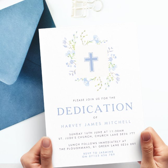 Invitación Herencia floral azul para bebés y Dedicación cruza (Subido por el creador)
