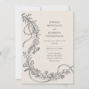 Invitación Herencia Floral Guirnalda Cinta Línea Arte Boda