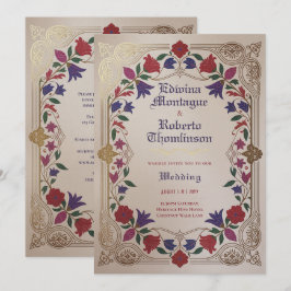 Invitación Herencia Floral Medieval Boda Púrpura Rojo Dorado