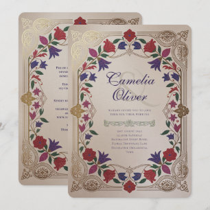 Invitación Herencia Floral Medieval Boda Tono Joya Oro
