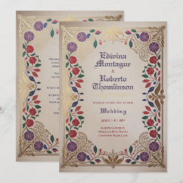 Invitación Herencia Floral Medieval Bodas Púrpura Rojo Dorado