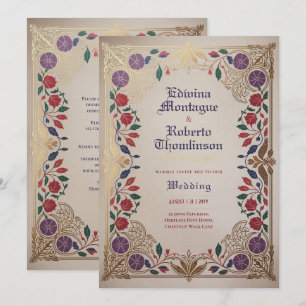 Invitación Herencia Floral Medieval Bodas Púrpura Rojo Dorado
