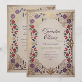 Invitación Herencia Floral Medieval Bodas Púrpura Rojo Dorado