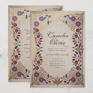 Invitación Herencia Floral Medieval Bodas Púrpura Rojo Dorado