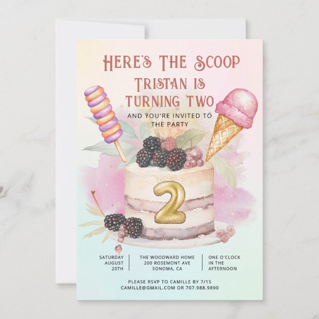 Invitación Here's The Scoop 2nd Birthday Ice Cream Party (Anverso)