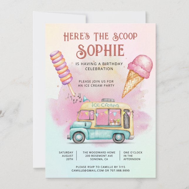 Invitación Here's The Scoop Colorful Kid's Ice Cream Birthday (Anverso)