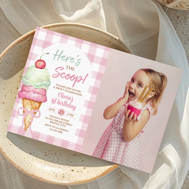 Invitación Here's The Scoop Ice Cream Bow 1st Birthday Photo (Subido por el creador)