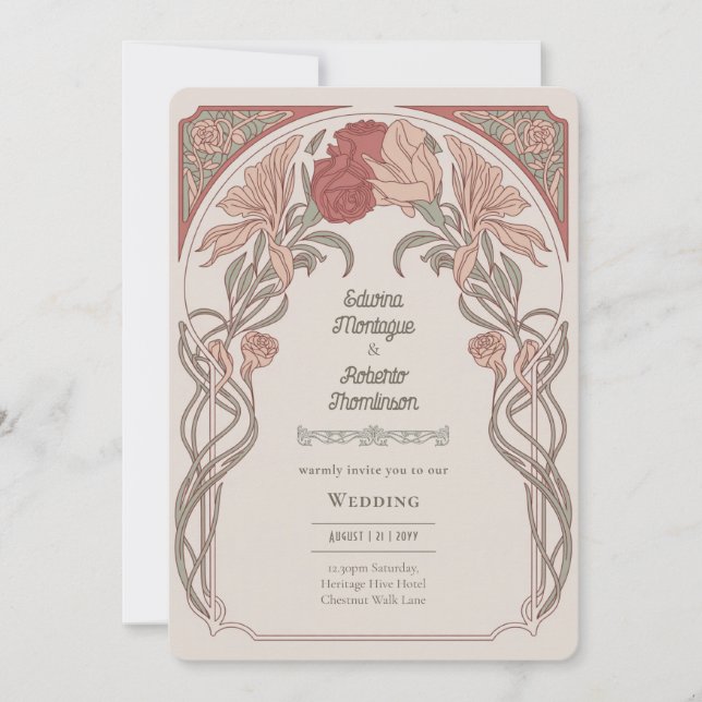 Invitación Heritage Art Nouveau Botanical Wedding Teracotta (Anverso)
