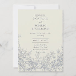 Invitación Heritage Blue Botanical Engraved Elegant Wedding