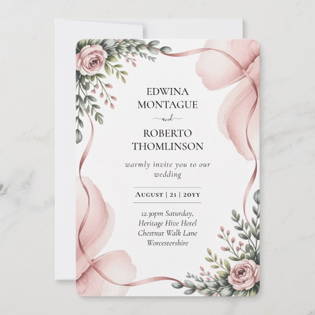 Invitación Heritage Blush Floral Ribbon Wedding (Anverso)