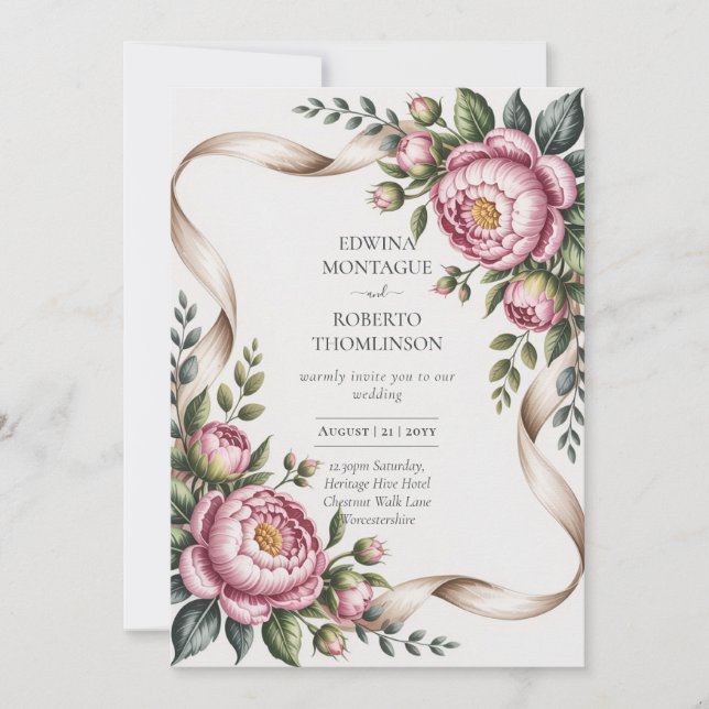 Invitación Heritage Blush Peony & Ribbon Botanical Wedding (Anverso)