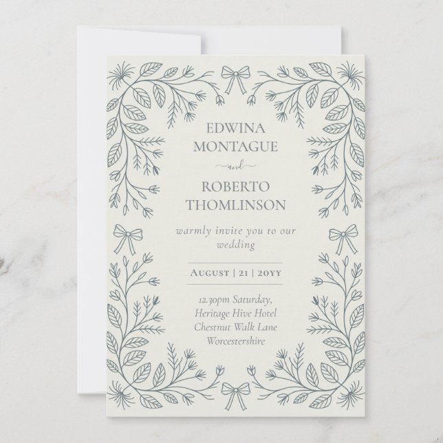 Invitación Heritage Botanical Bows Frame Elegant Wedding (Anverso)