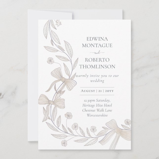 Invitación Heritage Botanical Ribbon Bow Elegant Neutral Wedd (Anverso)