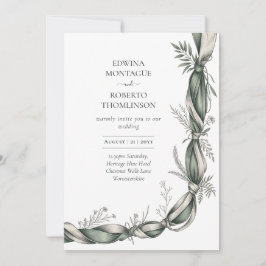 Invitación Heritage Botanical Ribbon Twist Elegante Boda Verd