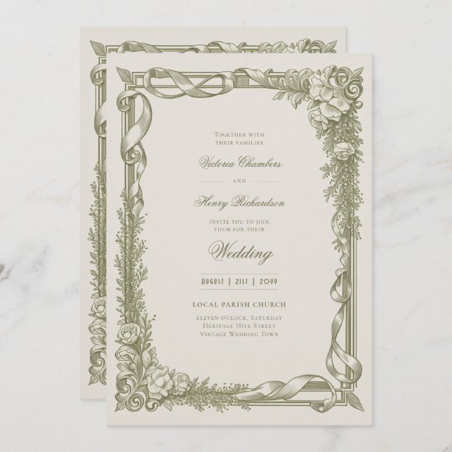 Invitación Heritage | Edwardian Ribbon Garland Wedding (Anverso / Reverso)