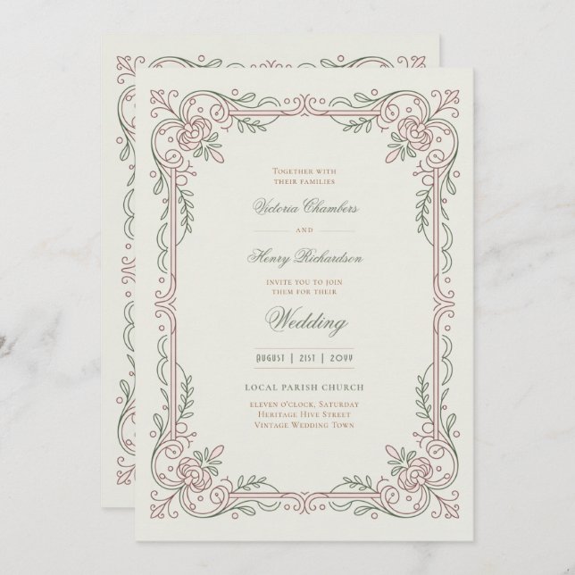 Invitación Heritage | Edwardian Rose Filigree Wedding (Anverso / Reverso)