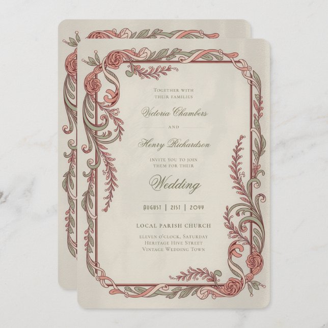 Invitación Heritage | Edwardian Rose Scroll Garland Wedding (Anverso / Reverso)