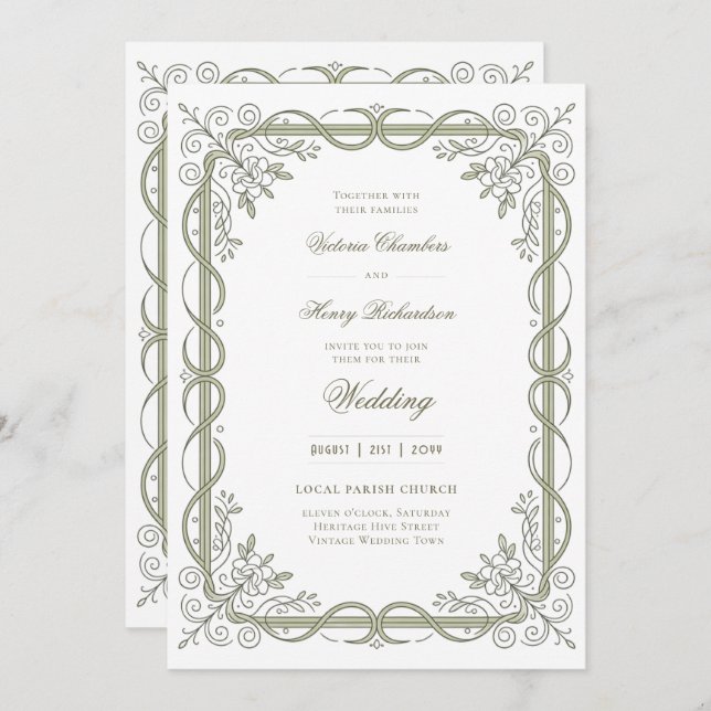 Invitación Heritage | Edwardian Sage Ribbon Scroll (Anverso / Reverso)