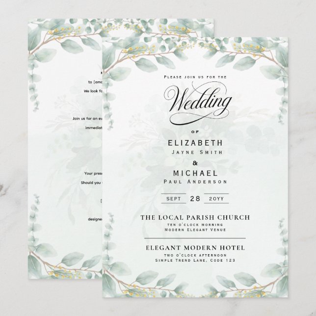 Invitación Heritage Eucalyptus Leaves Botanical RSVP Wedding (Anverso / Reverso)
