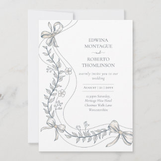Invitación Heritage Floral Ribbon Hand Drawn Elegant Wedding