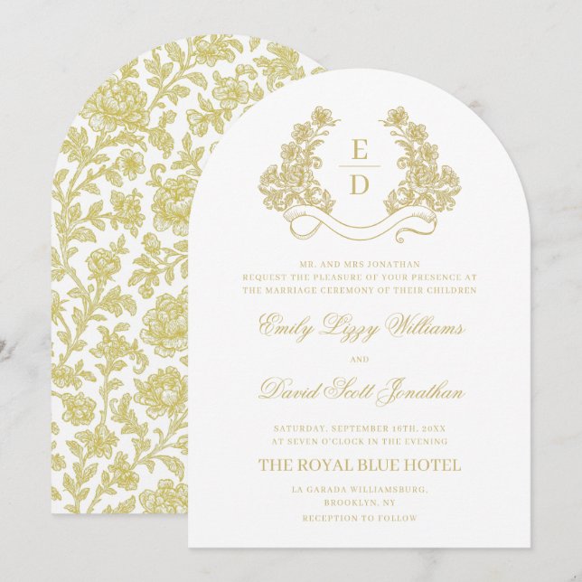Invitación Heritage Gold and White Monogram Arch Wedding (Anverso / Reverso)