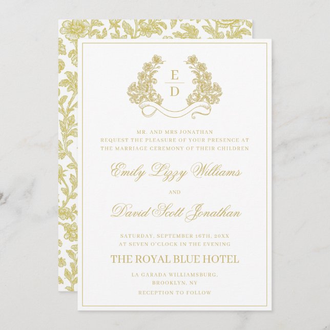 Invitación Heritage Gold and White Monogram Wedding (Anverso / Reverso)